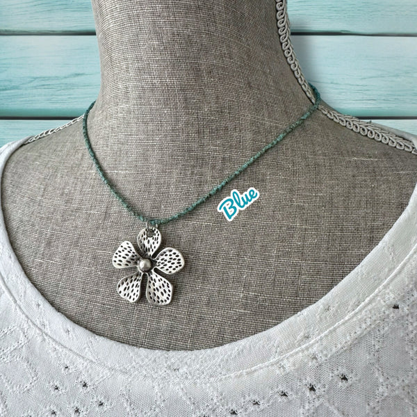 Minimalist Seed Bead Necklace with Silver Matte Flower Charm - Interchangeable