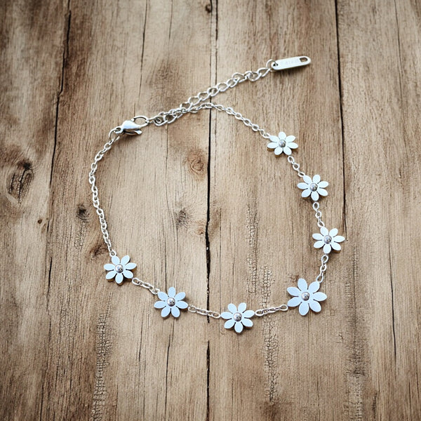 delicate Floral anklet in silver with extender chain.  one size fits most