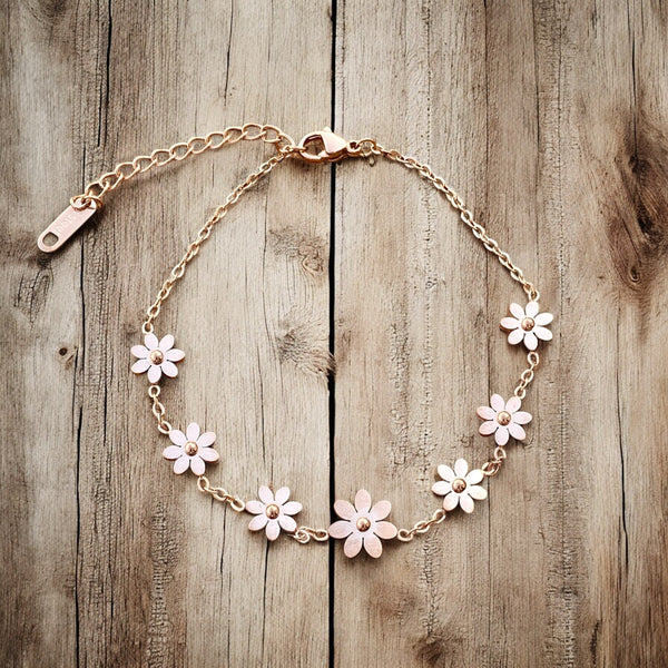 Rose gold minimalist flower anklet with extender so it fits most people