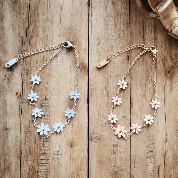 Rose gold and silver stainless steel dainty anklets side by side