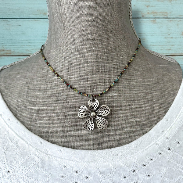 Minimalist Seed Bead Necklace with Silver Matte Flower Charm - Interchangeable