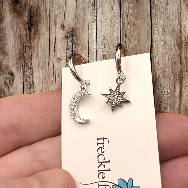Tiny Hoop with Charm Earrings - Moon & Star