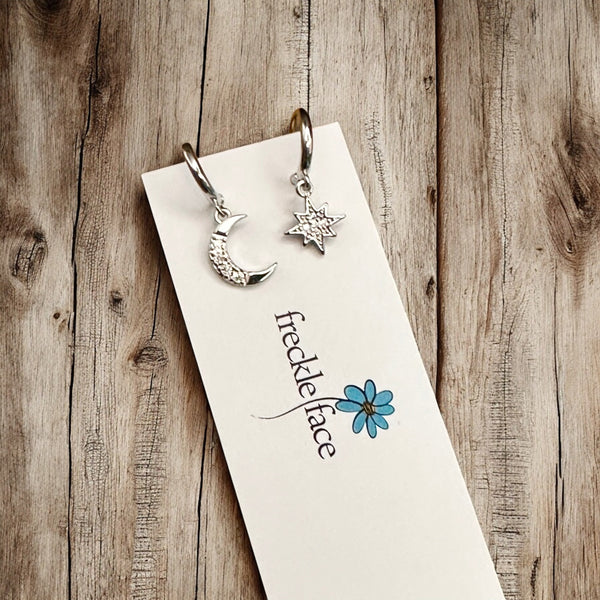 Tiny Hoop with Charm Earrings - Moon & Star