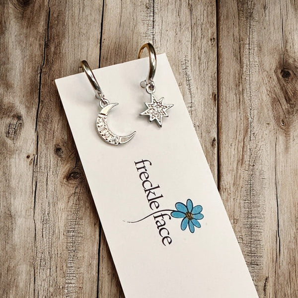 Tiny Hoop with Charm Earrings - Moon & Star