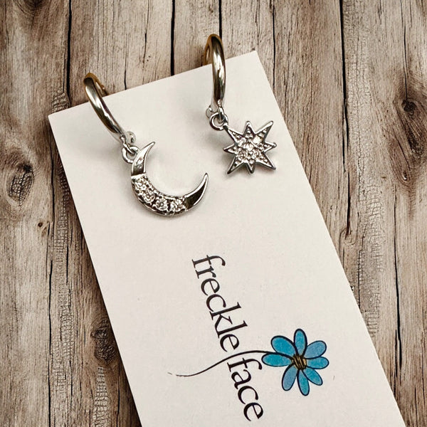 Tiny Hoop with Charm Earrings - Moon & Star