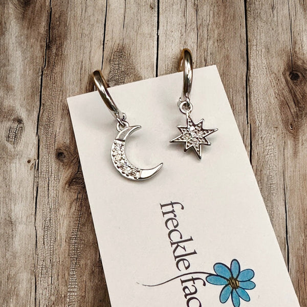 Tiny Hoop with Charm Earrings - Moon & Star