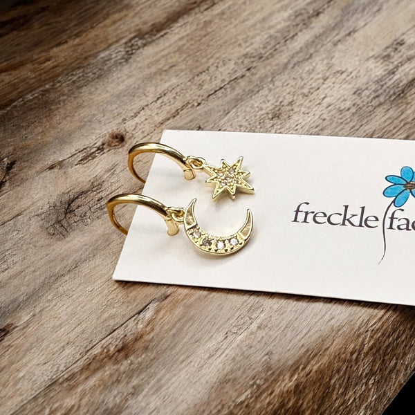 Tiny Hoop with Charm Earrings - Moon & Star