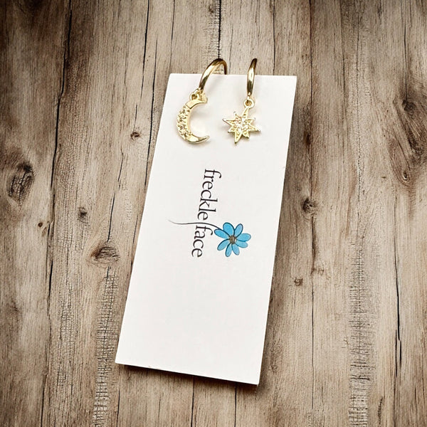 Tiny Hoop with Charm Earrings - Moon & Star