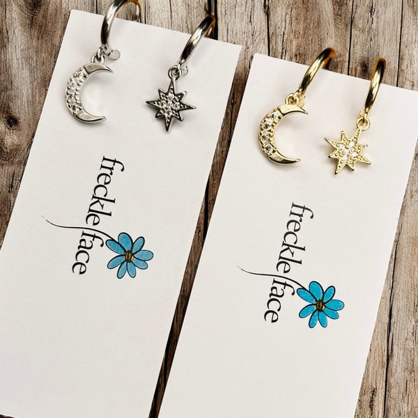 Tiny Hoop with Charm Earrings - Moon & Star