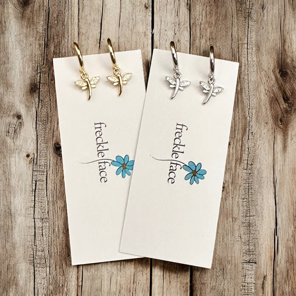 Tiny Hoop with Charm Earrings - Dragonflies