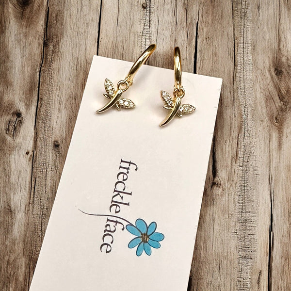 Tiny Hoop with Charm Earrings - Dragonflies