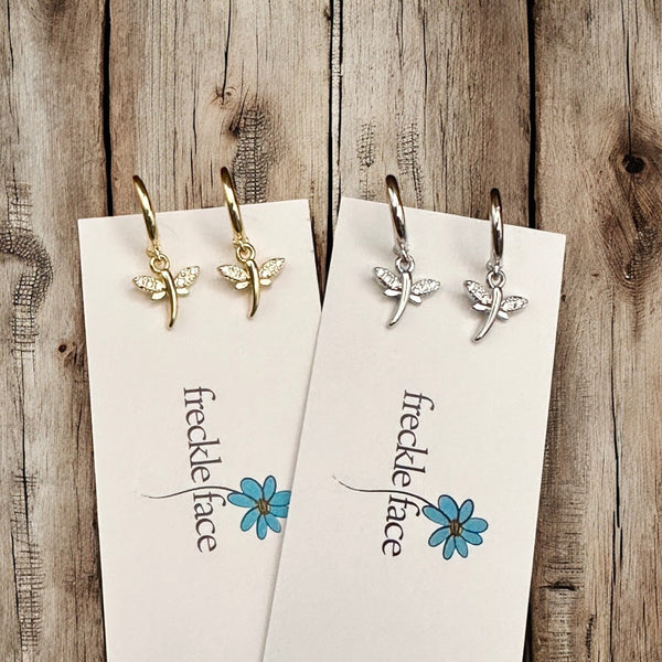 Tiny Hoop with Charm Earrings - Dragonflies
