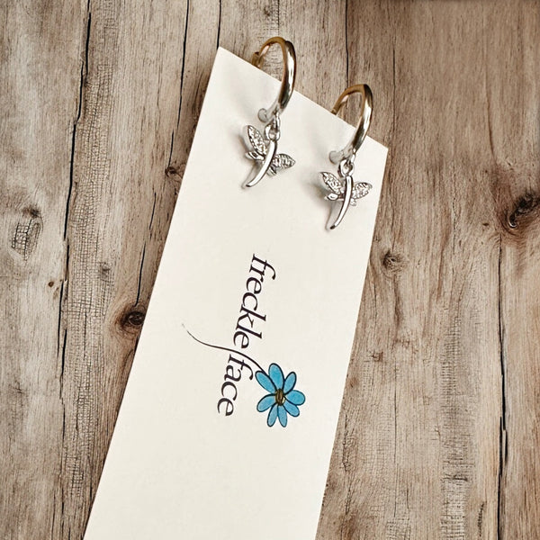 Tiny Hoop with Charm Earrings - Dragonflies