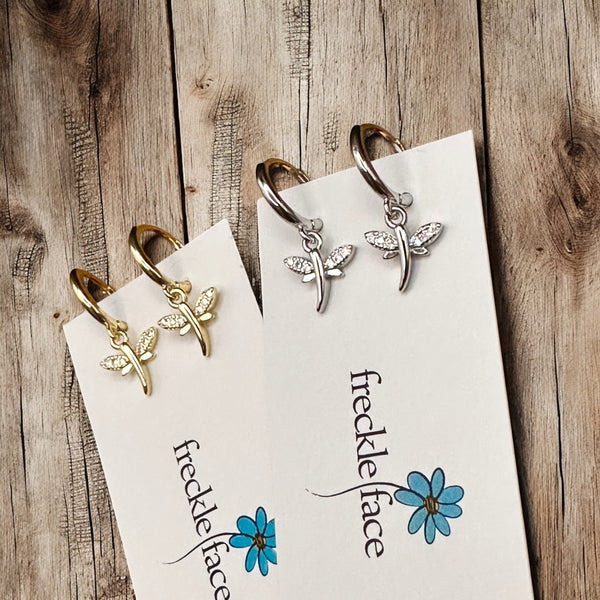 Tiny Hoop with Charm Earrings - Dragonflies