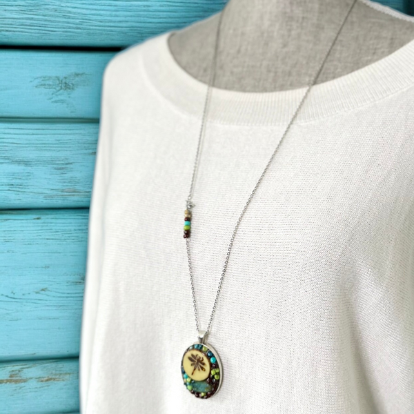 OOAK Mosaic Necklace - Oval - Dragonfly - M3905