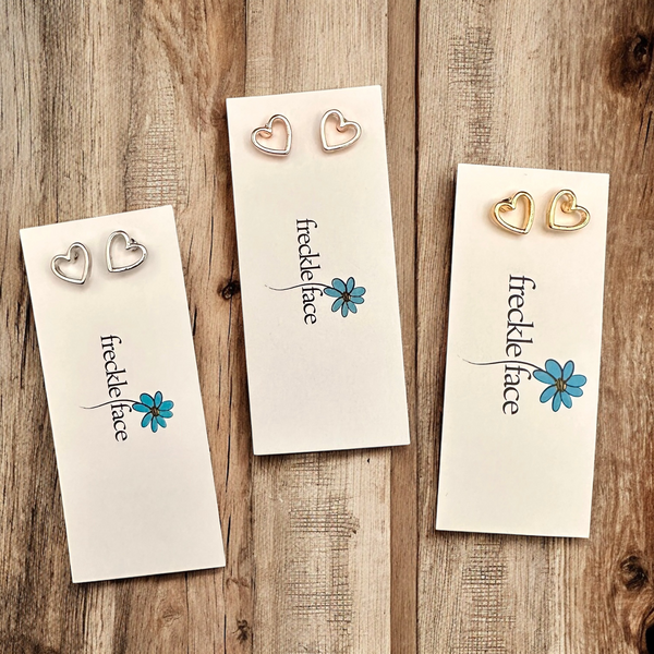 Mixed metal heart love earrings in gold, rose gold and silver with silicone backs