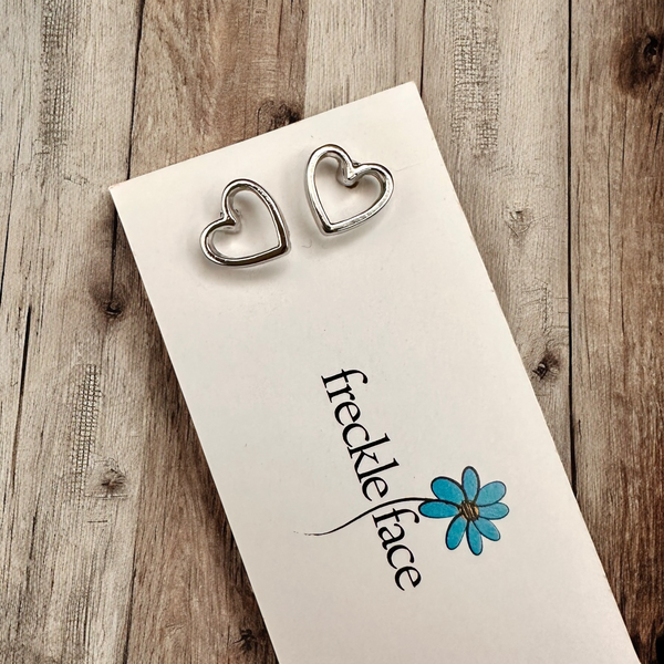 Tiny dainty rhodium silver plated open heart stud earrings 8mm