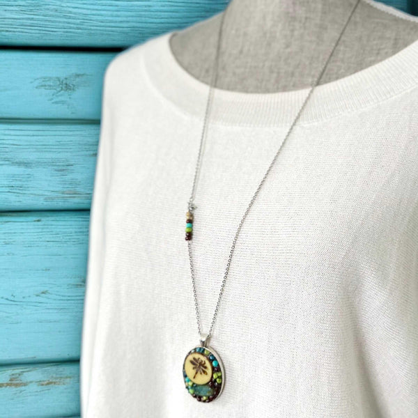OOAK Mosaic Necklace - Oval - Dragonfly - M3905
