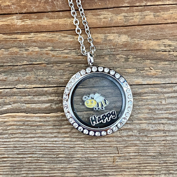 Glass Locket BEE Happy Necklace