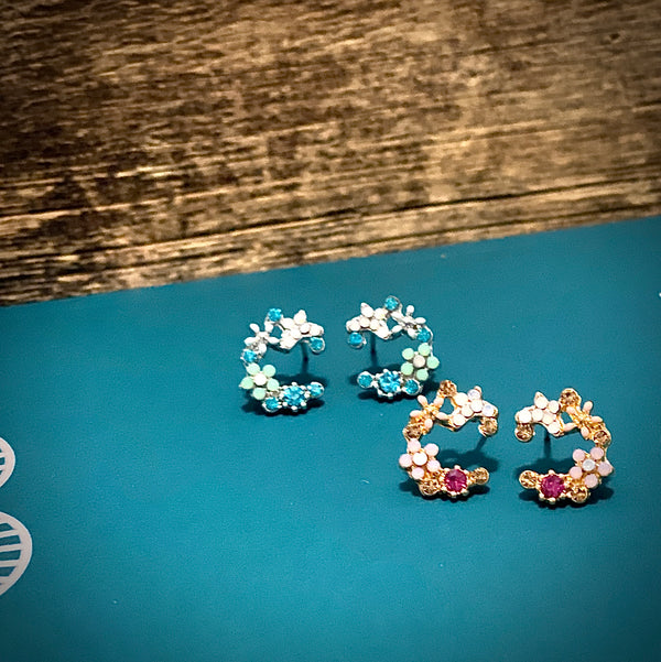 Crescent bloom stud earrings blue green flower design and pink orange flower design