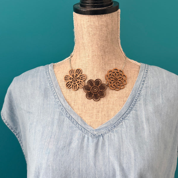 Wood Floral Statement Necklace – Layered Cutout Flower Bib Necklace (18” + 2” Extender)