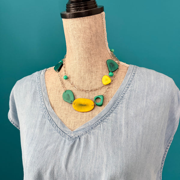 Turquoise & Lime Tagua Statement Necklace – Long 36”