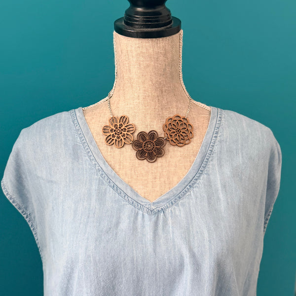 Wood Floral Statement Necklace – Layered Cutout Flower Bib Necklace (18” + 2” Extender)