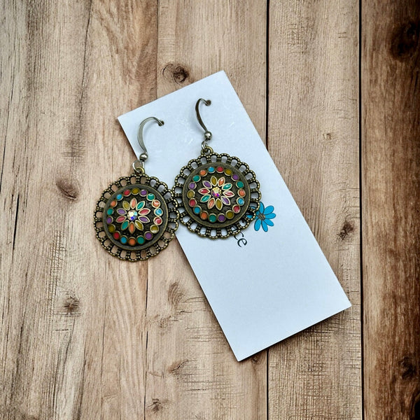 Enamel Bronze Boho Flower Earrings
