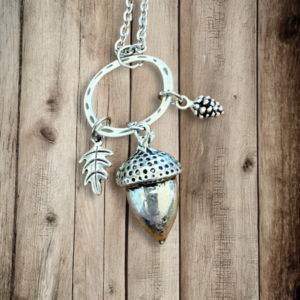 Large Acorn Forest Pendant Necklace – Stainless Steel Long Chain