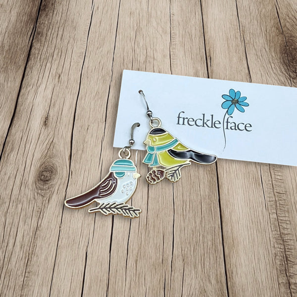 Winter Bird Earrings – Cozy Chickadees with Hat & Scarf