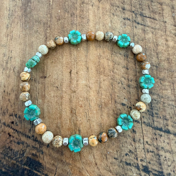 Turquoise Flower & Earth Stone Stretch Bracelet