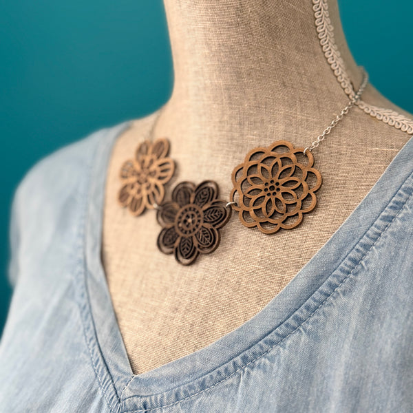 Wood Floral Statement Necklace – Layered Cutout Flower Bib Necklace (18” + 2” Extender)