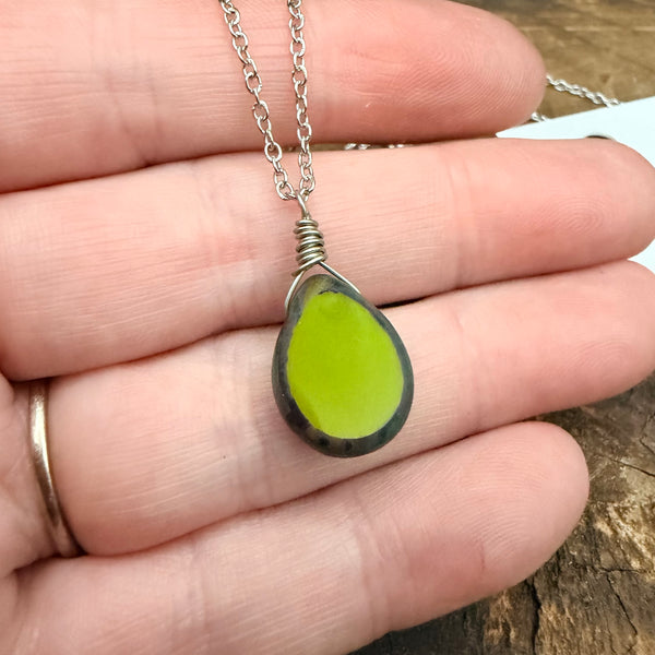 Chartreuse Glow Necklace – Handmade Ceramic Drop on Stainless Steel Chain