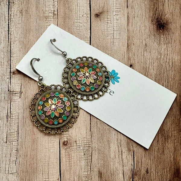 Enamel Bronze Boho Flower Earrings