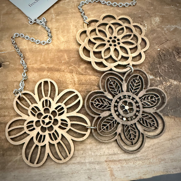 Wood Floral Statement Necklace – Layered Cutout Flower Bib Necklace (18” + 2” Extender)