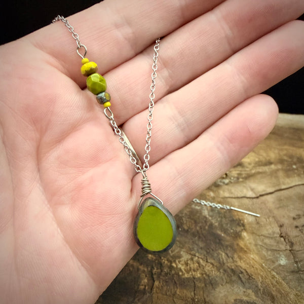 Chartreuse Glow Necklace – Handmade Ceramic Drop on Stainless Steel Chain