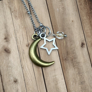 Moon and star charm necklace with crystal bead on stainless steel chain