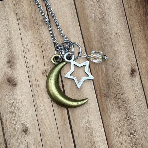Moon and star charm necklace with crystal bead on stainless steel chain