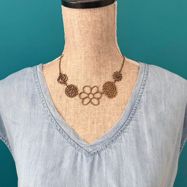 Antique Brass Flower Bib Necklace - Vintage Floral Statement Necklace (18–20”)