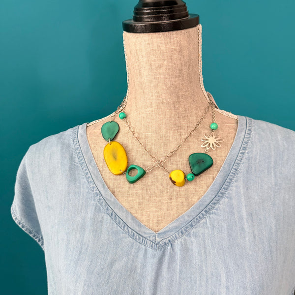 Turquoise & Lime Tagua Statement Necklace – Long 36”