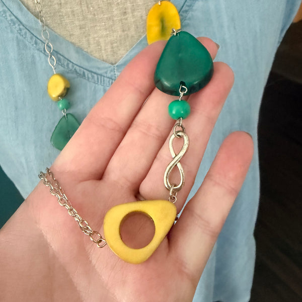 Turquoise & Lime Tagua Statement Necklace – Long 36”