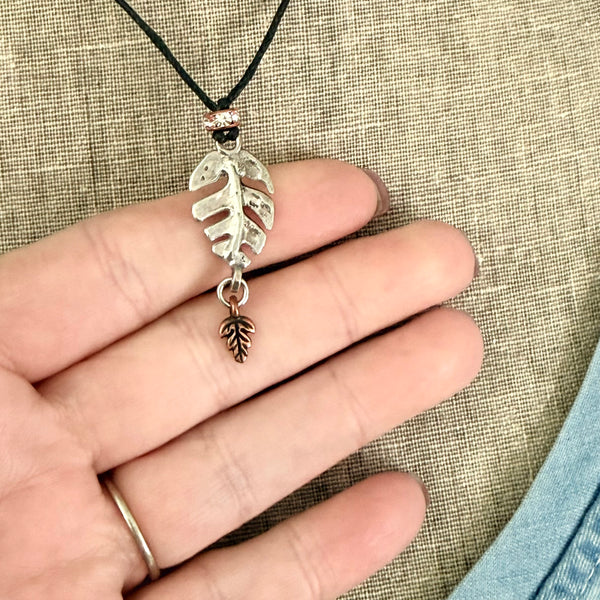 Adjustable Leaf Cord Necklace – Silver & Copper