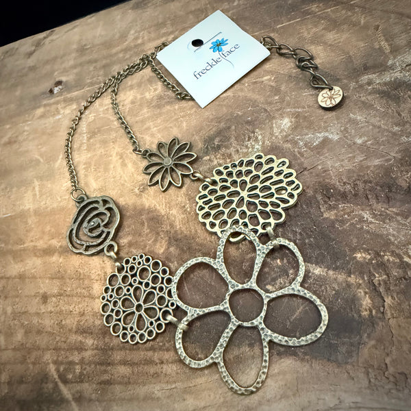 Antique Brass Flower Bib Necklace - Vintage Floral Statement Necklace (18–20”)
