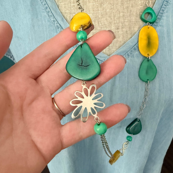 Turquoise & Lime Tagua Statement Necklace – Long 36”