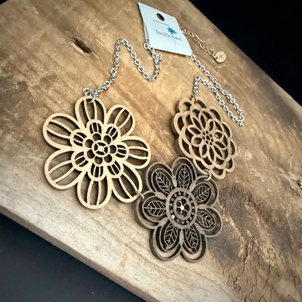 Wood Floral Statement Necklace – Layered Cutout Flower Bib Necklace (18” + 2” Extender)
