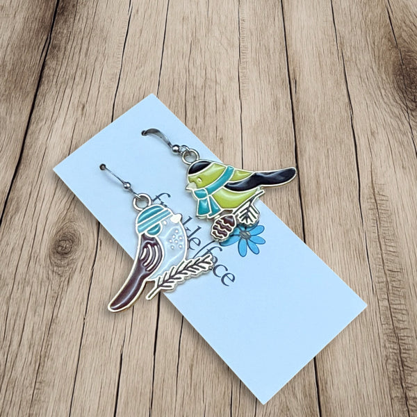 Winter Bird Earrings – Cozy Chickadees with Hat & Scarf
