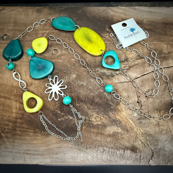 Turquoise & Lime Tagua Statement Necklace – Long 36”