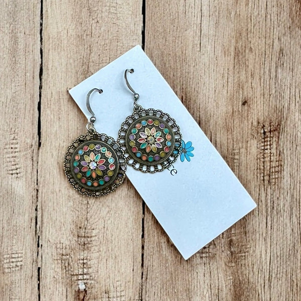 Enamel Bronze Boho Flower Earrings