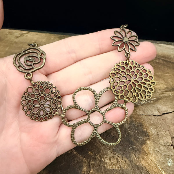 Antique Brass Flower Bib Necklace - Vintage Floral Statement Necklace (18–20”)