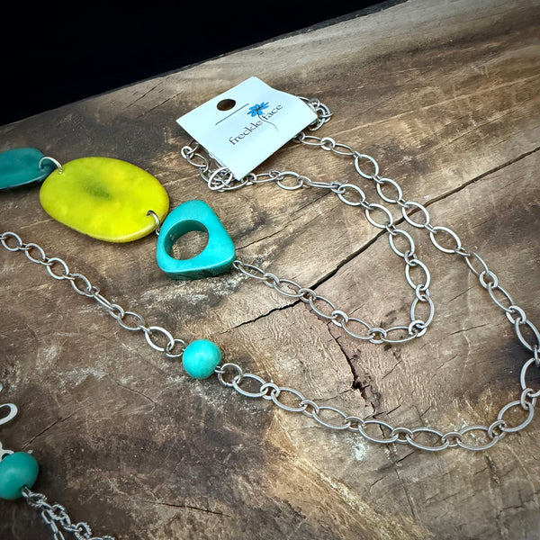Turquoise & Lime Tagua Statement Necklace – Long 36”